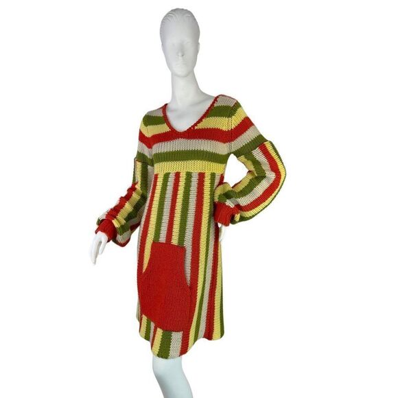 1970's Handknit Striped Dress with Big Kangaroo Front Pocket, Yellow, Green, Red - Picture 1 of 10